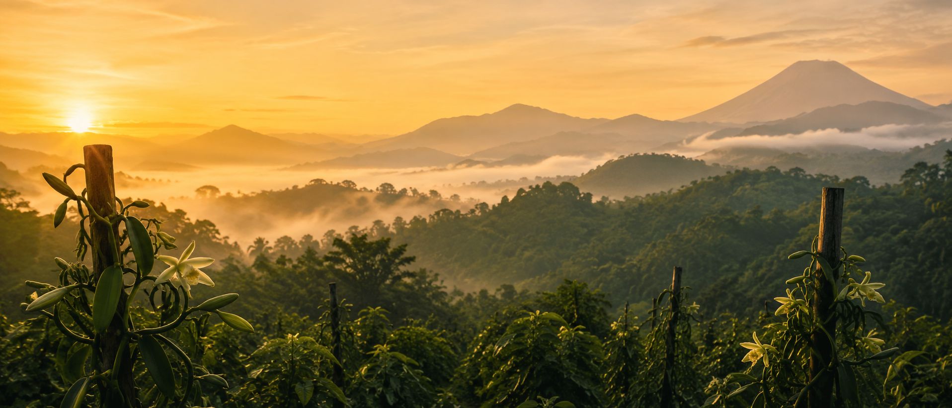 Vanilla Atlas hero image showing Indonesian tropical hills at sunrise with vanilla vines, orchids, and misty forest landscape