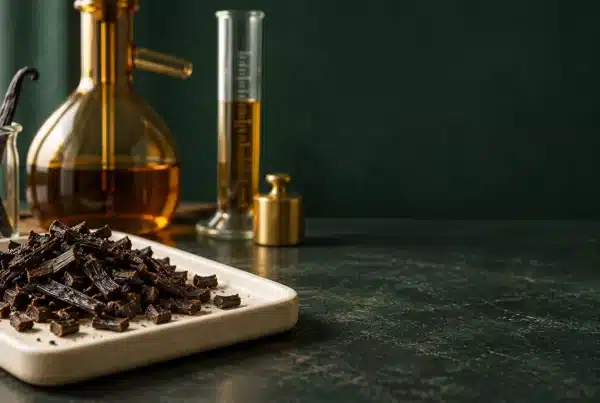 Chopped cured vanilla bean pieces on a ceramic tray beside laboratory extraction glassware