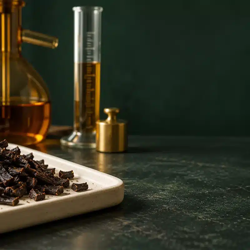 Chopped cured vanilla bean pieces on a ceramic tray beside laboratory extraction glassware