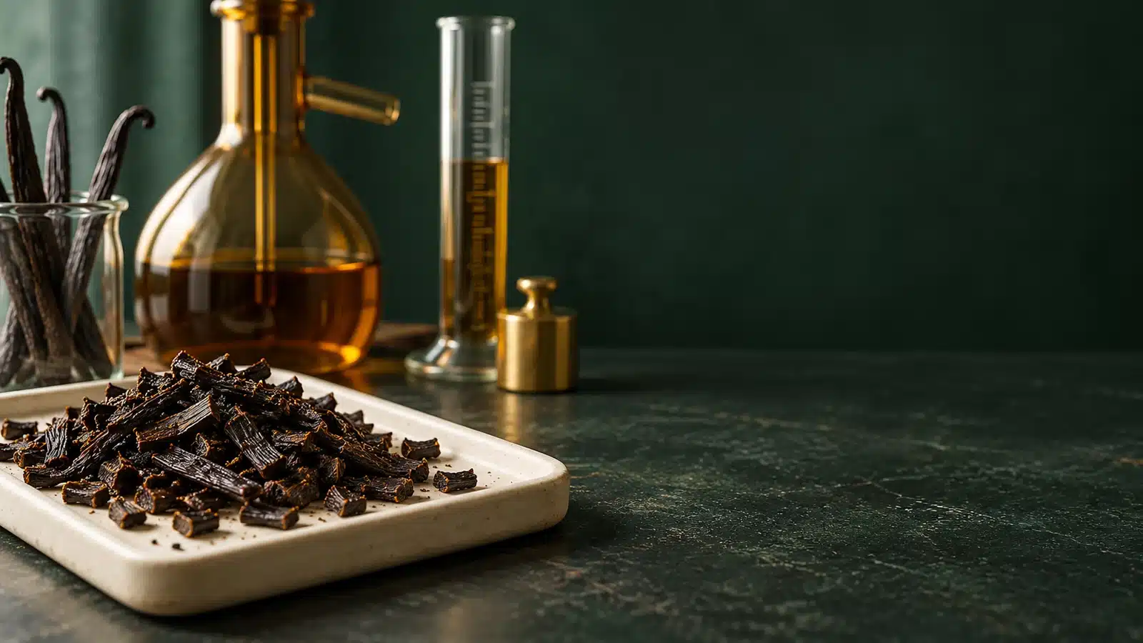 Chopped cured vanilla bean pieces on a ceramic tray beside laboratory extraction glassware