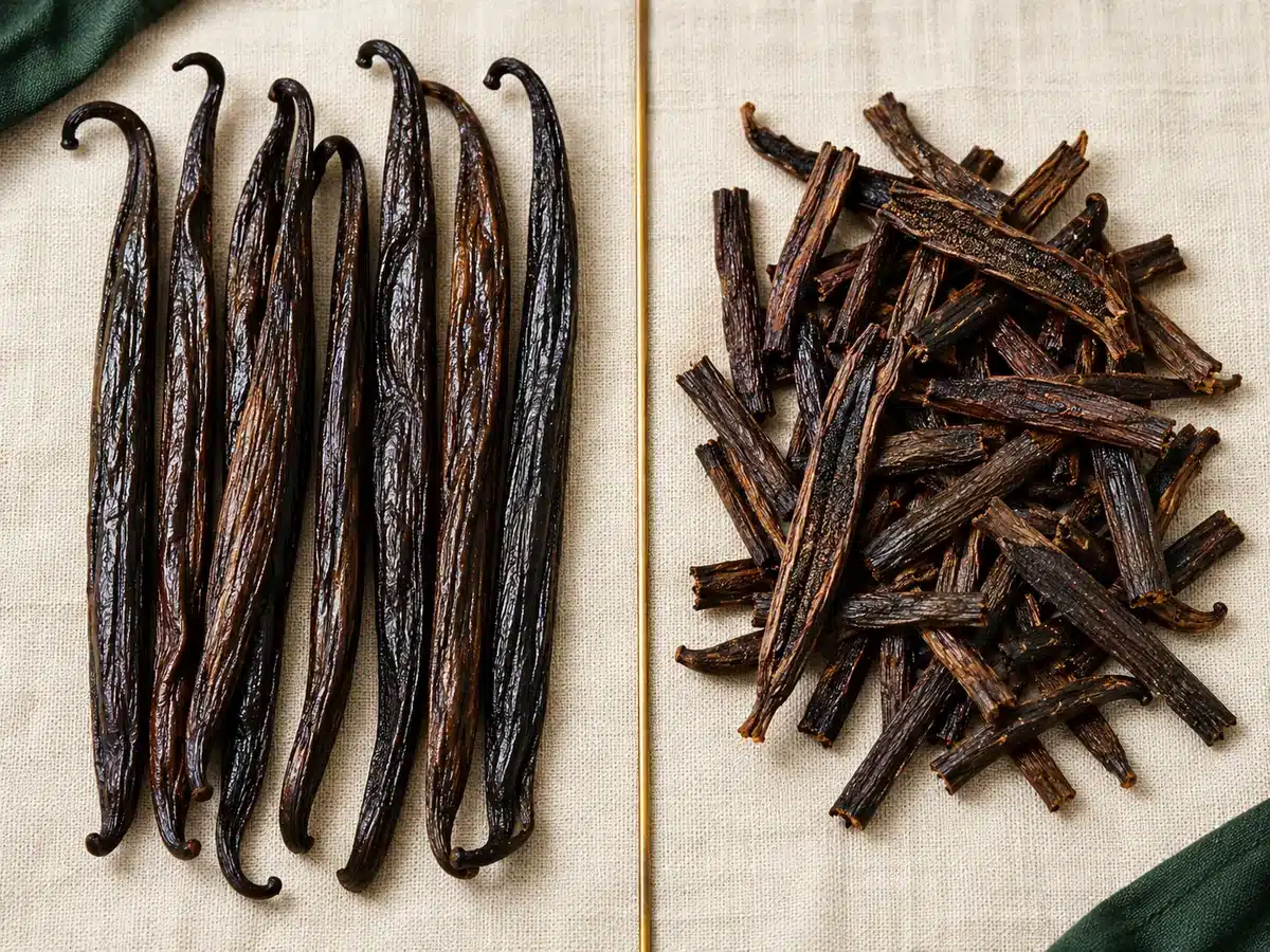 Whole gourmet vanilla pods beside shorter split and cut extraction-grade vanilla beans on a linen surface