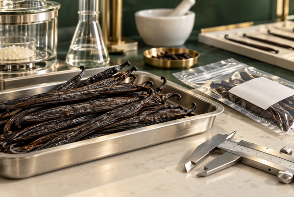 Cured vanilla beans on a stainless steel tray beside a caliper, a sealed sample pouch with a blank label and laboratory glassware