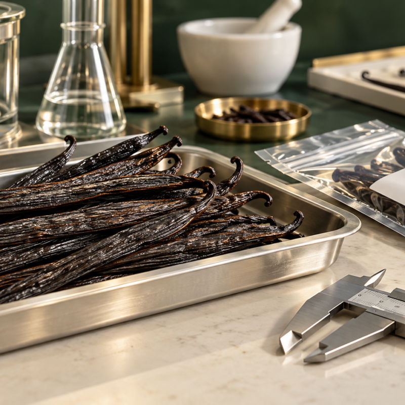 Cured vanilla beans on a stainless steel tray beside a caliper, a sealed sample pouch with a blank label and laboratory glassware