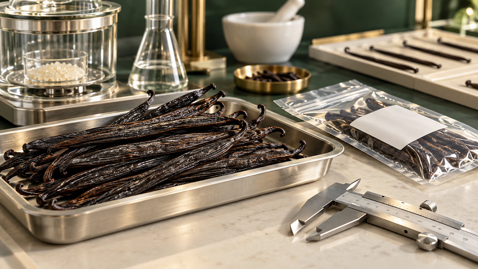 Cured vanilla beans on a stainless steel tray beside a caliper, a sealed sample pouch with a blank label and laboratory glassware