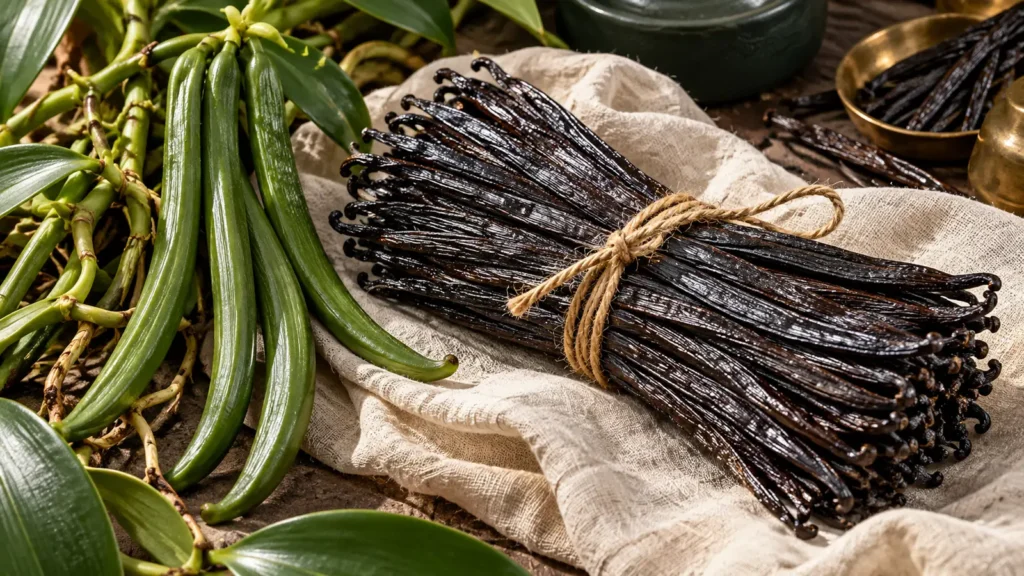 Bundle of dark cured vanilla beans tied with twine on cream linen, beside a vanilla vine with long green unripe pods