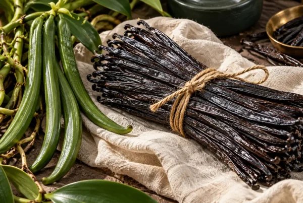 Bundle of dark cured vanilla beans tied with twine on cream linen, beside a vanilla vine with long green unripe pods