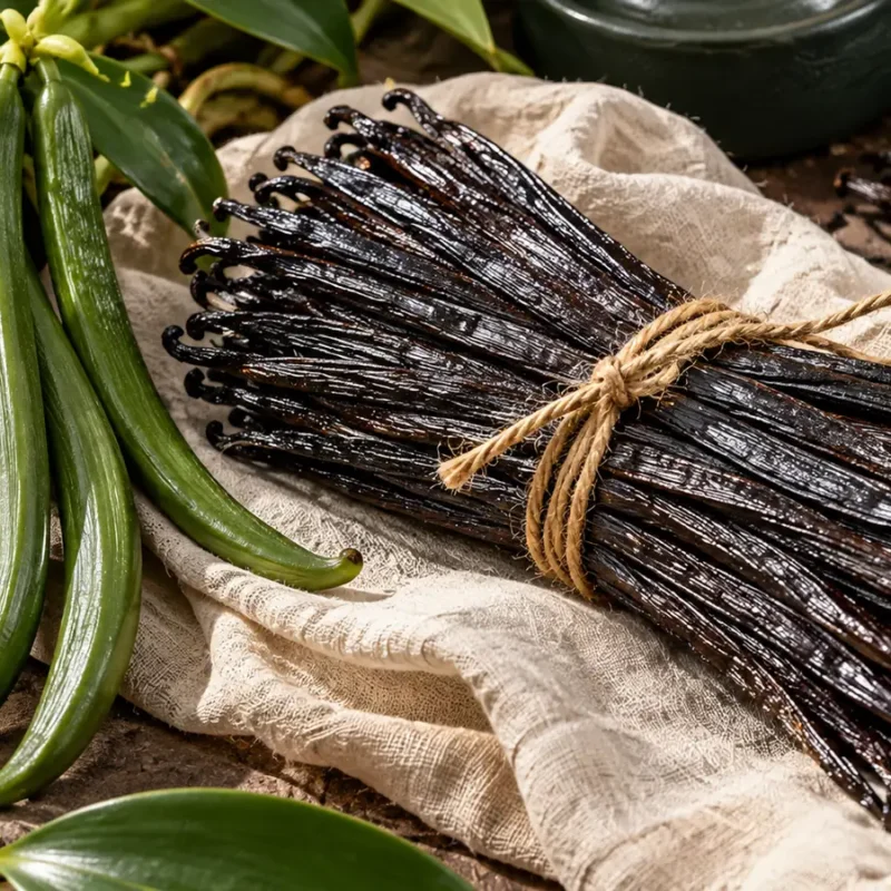 Bundle of dark cured vanilla beans tied with twine on cream linen, beside a vanilla vine with long green unripe pods