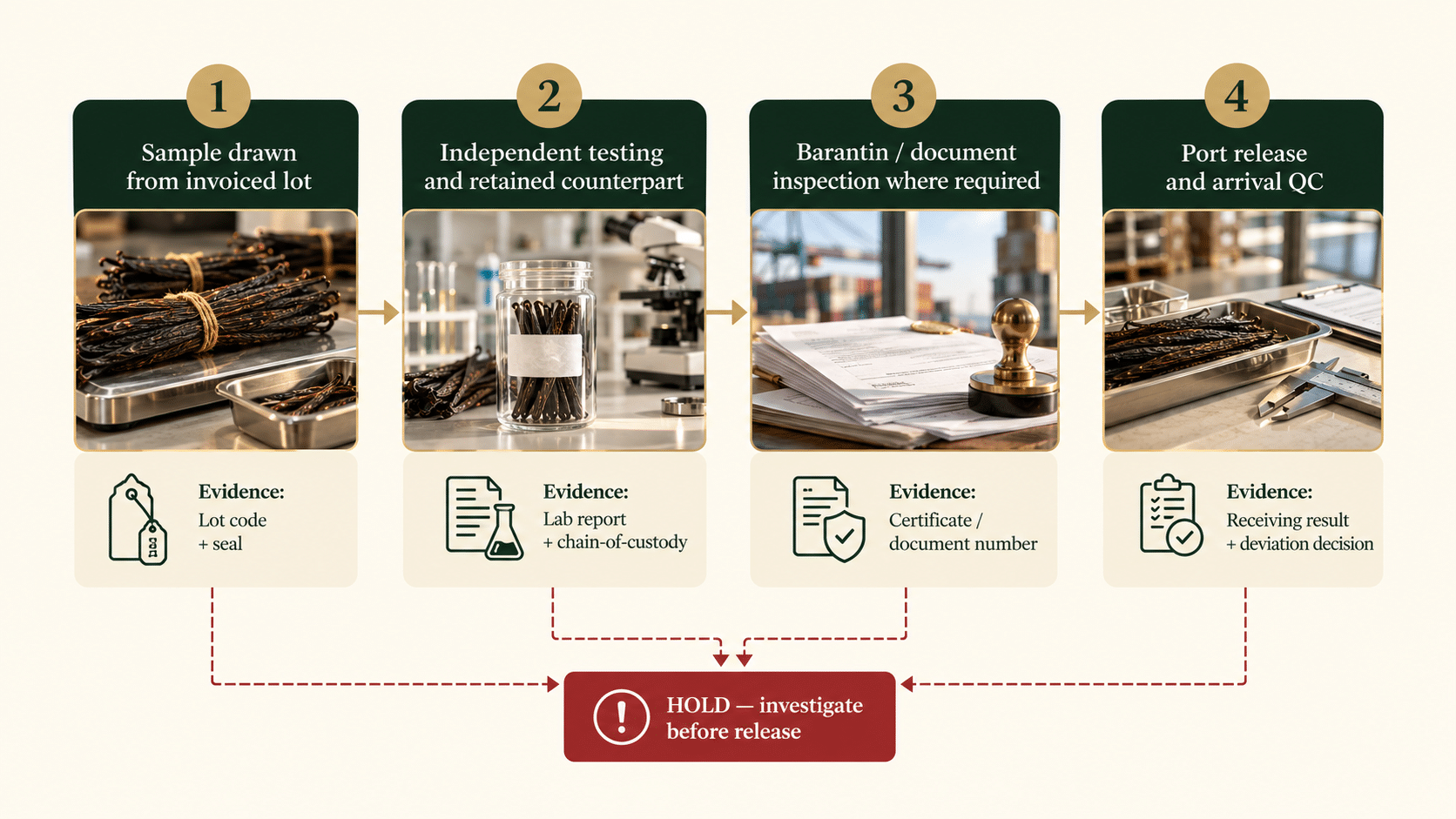 Four-gate traceability flow from the invoiced-lot sample through independent testing and export document inspection to arrival quality control, with any failed gate routed to a hold for investigation