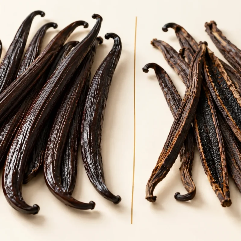 Whole glossy gourmet vanilla beans beside drier, split extraction-grade vanilla beans, separated by a thin gold line