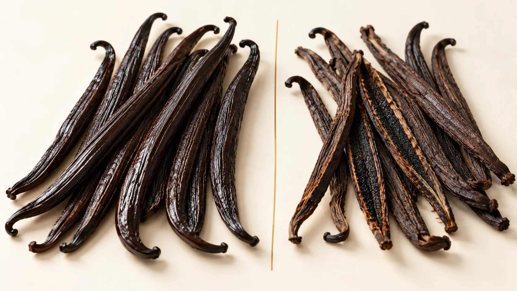 Whole glossy gourmet vanilla beans beside drier, split extraction-grade vanilla beans, separated by a thin gold line