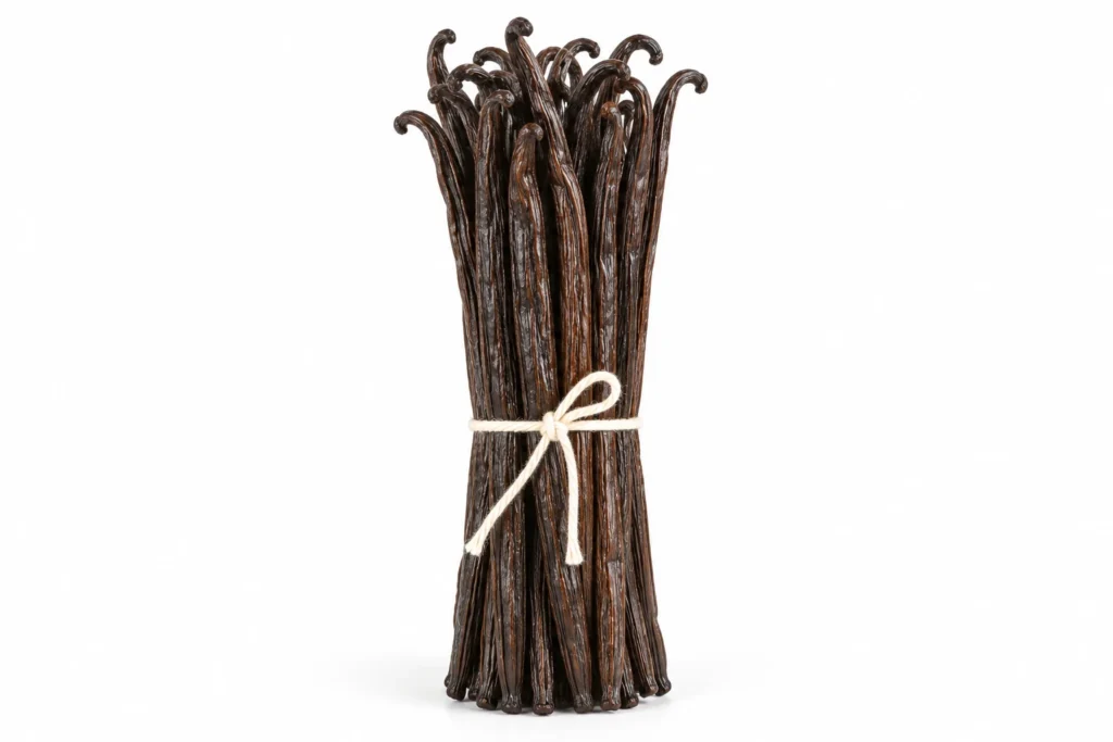 A bundle of brown to dark brown vanilla beans tied with twine on a white background.