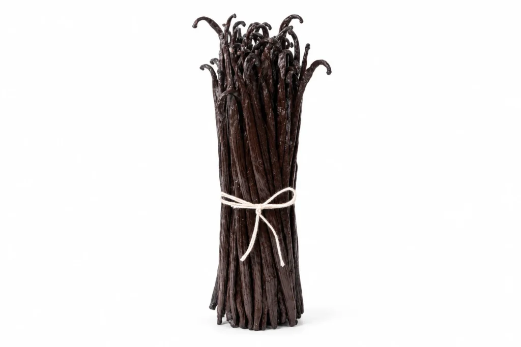 A bundle of dark vanilla beans with a glossy surface, tied with twine on a white background.
