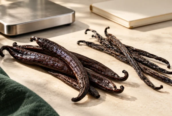 Cured vanilla pods with contrasting textures arranged beside a weighing scale on a cream inspection table.