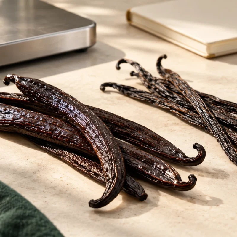 Cured vanilla pods with contrasting textures arranged beside a weighing scale on a cream inspection table.