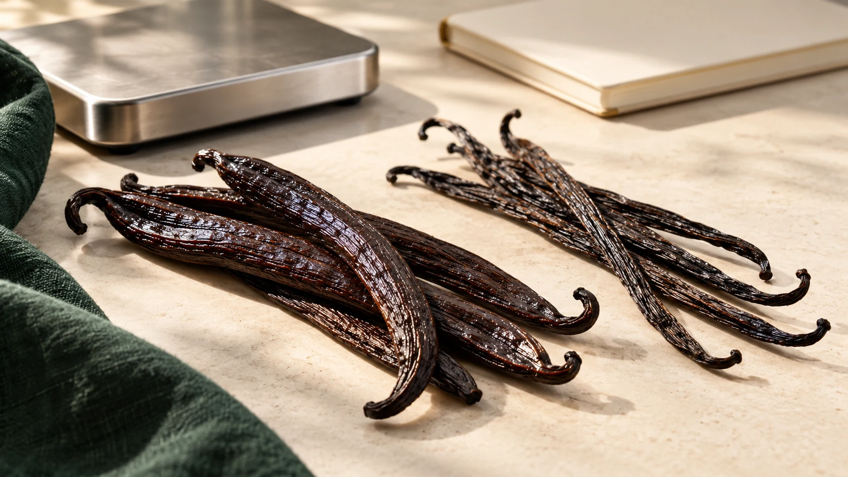 Cured vanilla pods with contrasting textures arranged beside a weighing scale on a cream inspection table.