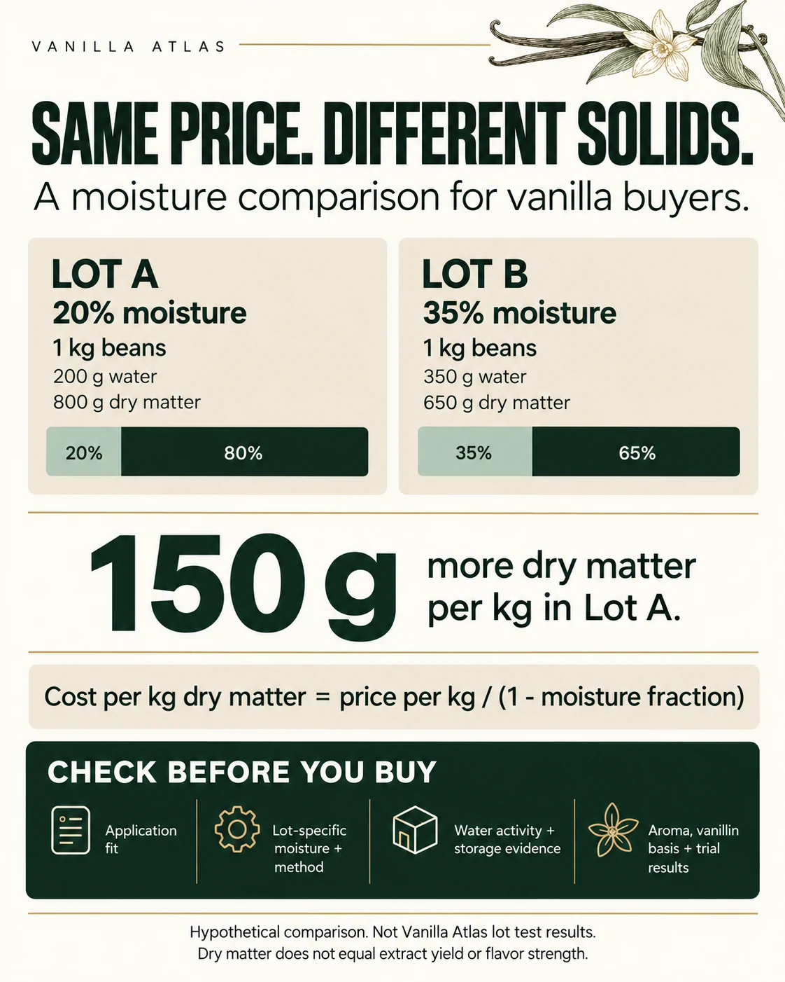 Comparison of 1 kg vanilla bean lots at 20% and 35% moisture, showing 800 g versus 650 g of dry matter.