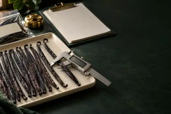 Cured vanilla beans on a tray measured with a digital caliper beside a sealed sample pouch and blank specification sheets