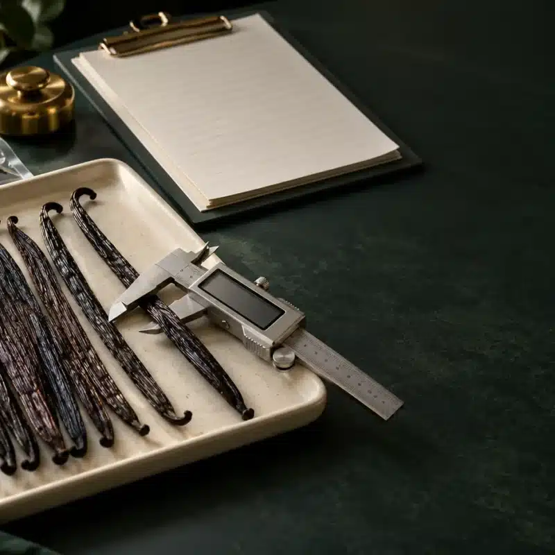 Cured vanilla beans on a tray measured with a digital caliper beside a sealed sample pouch and blank specification sheets