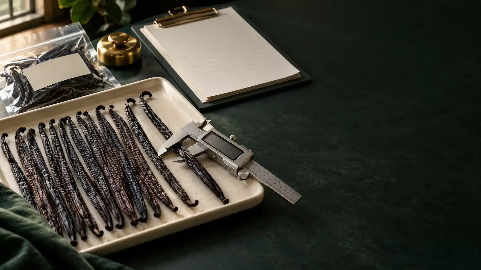 Cured vanilla beans on a tray measured with a digital caliper beside a sealed sample pouch and blank specification sheets
